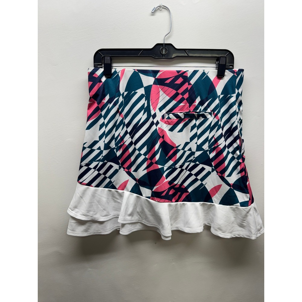 PGA Tour Skort Women M Pink Blue Geometric Tummy Control Ruffle Hem Performance - Picture 5 of 8
